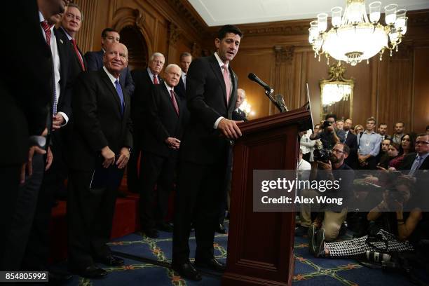 Speaker of the House Rep. Paul Ryan speaks as other congressional Republicans listen during a press event on tax reform September 27, 2017 at the...