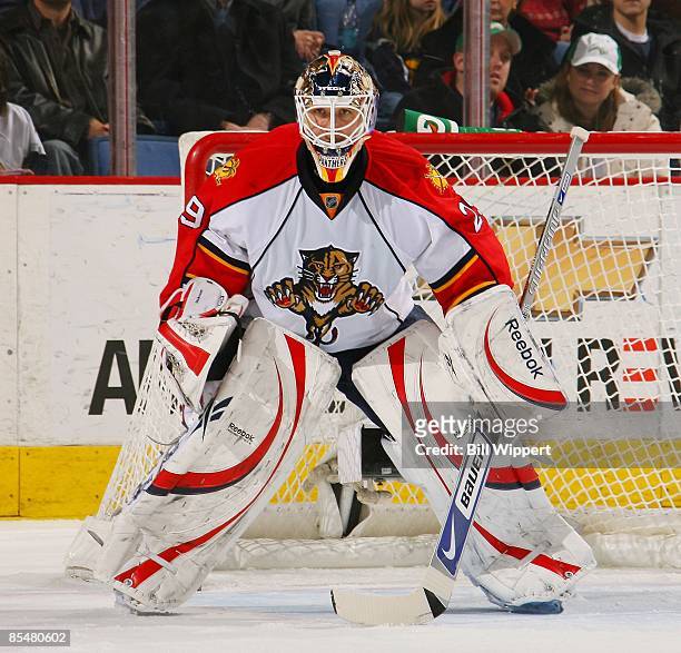 Tomas Vokoun of the Florida Panthers tends goal against the Buffalo Sabres on March 12, 2009 at HSBC Arena in Buffalo, New York.