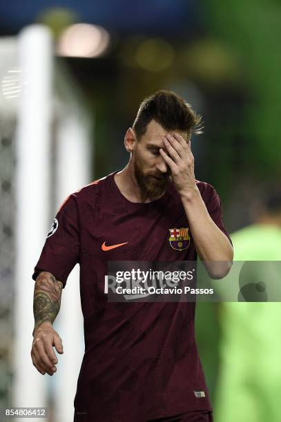 Lionel Messi of FC Barcelona reacts after missing a goal opportunity during the UEFA Champions League group D match between Sporting CP and FC...