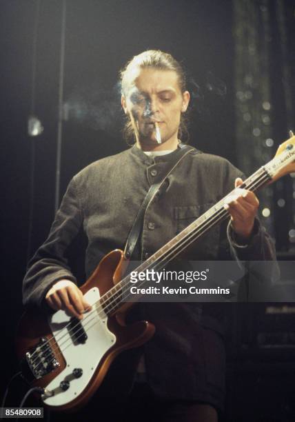 Bassist Gary 'Mani' Mounfield of British rock group The Stone Rose performing at Pakhus 2, Copenhagen, Denmark, 22nd April 1995.