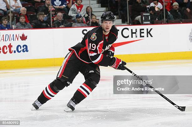 Jason Spezza of the Ottawa Senators skates against the Toronto Maple Leafs at Scotiabank Place on March 9, 2009 in Ottawa, Ontario, Canada.