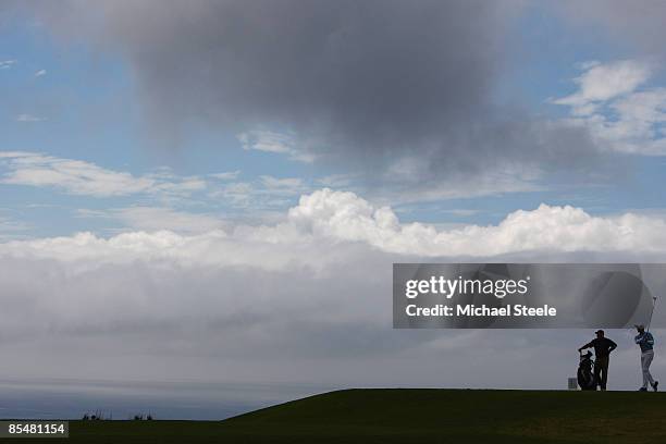 Alexandre Rocha of Brazil tees off at the 14th hole during the Madeira Islands Open BPI previews at the Porto Santo Golfe Club on March 18, 2009 in...