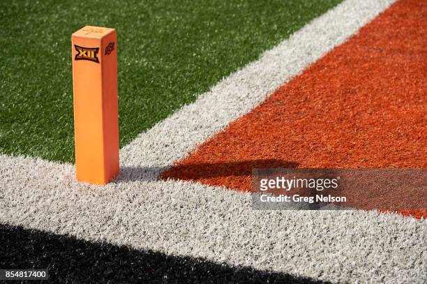 View of pylon with Big 12 Conference logo in end zone before Oklahoma State vs Texas Christian at Boone Pickens Stadium. Equipment. Stillwater, OH...