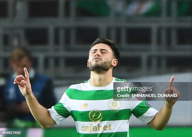 Celtic FC's Patrick Roberts celebrates after scoring his team's second goal during the UEFA Champions League Group B football match Anderlecht vs...