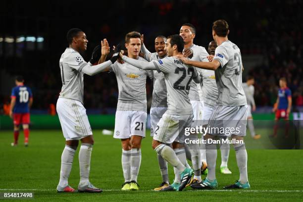 Henrikh Mkhitaryan of Manchester United celebrates after he scores his sides fourth goal during the UEFA Champions League group A match between CSKA...