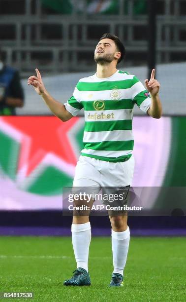 Celtic FC's Patrick Roberts celebrates after scoring his team's second goal during the UEFA Champions League Group B football match Anderlecht vs...