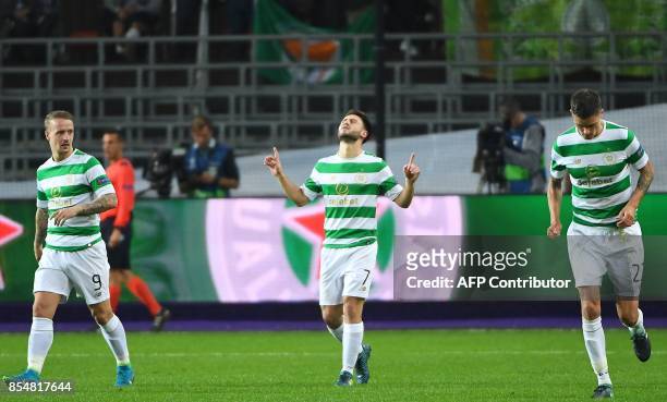 Celtic FC's Patrick Roberts celebrates with teammates after scoring his team's second goal during the UEFA Champions League Group B football match...