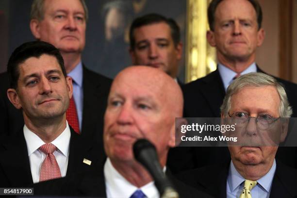 Rep. Kevin Brady speaks as Speaker of the House Rep. Paul Ryan , Senate Majority Leader Sen. Mitch McConnell and other congressional Republicans...