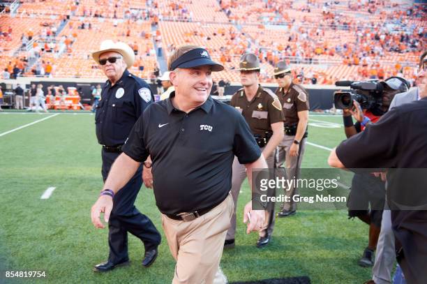 Texas Christian coach Gary Patterson taking field before game vs Oklahoma State at Boone Pickens Stadium. Stillwater, OH 9/23/2017 CREDIT: Greg Nelson