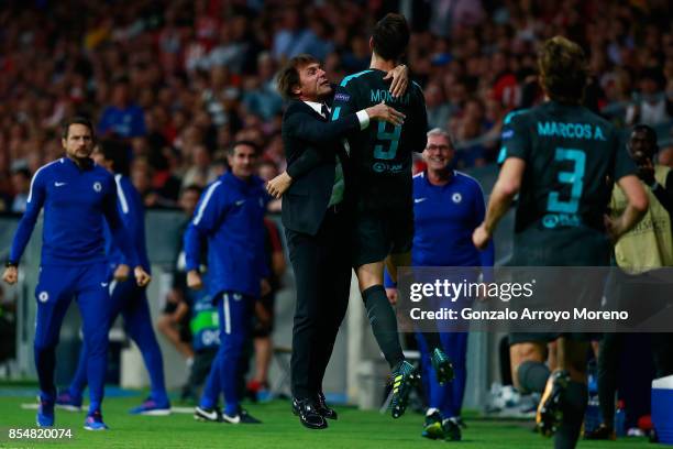 Antonio Conte, Manager of Chelsea celebrates with Alvaro Morata of Chelsea after he scores his sides first goal during the UEFA Champions League...