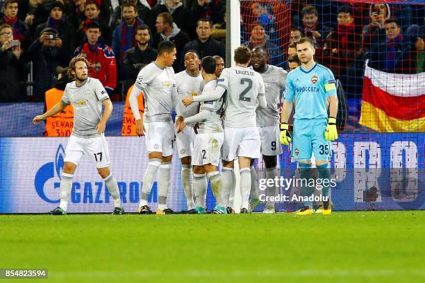 Players of Manchester United celebrate after a goal during the UEFA Champions League match between CSKA Moscow and Manchester United at VEB Arena in...