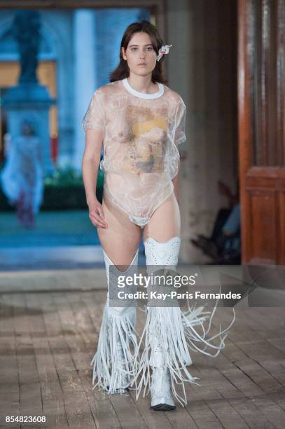 Http://www.gettyimages.com/license/854832230 A model walks the runway during the Neith Nyer show as part of the Paris Fashion Week Womenswear...