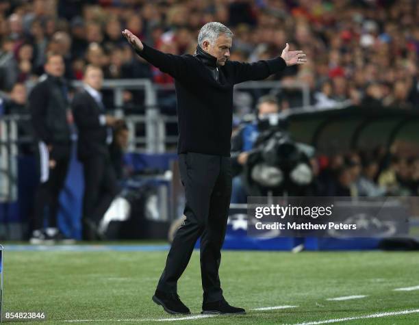 Manager Jose Mourinho of Manchester United watches from the touchline during the UEFA Champions League group A match between CSKA Moskva and...