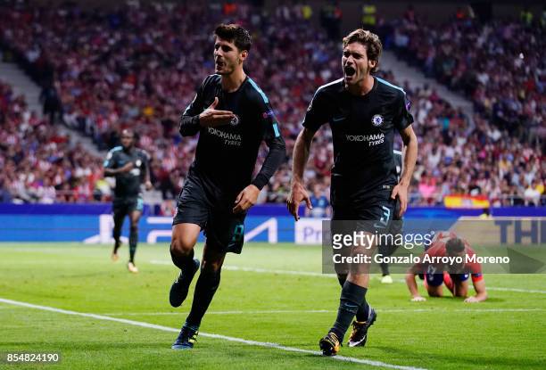 Alvaro Morata of Chelsea celebrates with Marcos Alonso of Chelsea after he scores his sides first goal during the UEFA Champions League group C match...