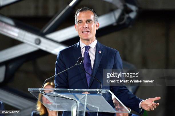 Mayor of Los Angeles Eric Garcetti speaks onstage during the Academy Museum of Motion Pictures press briefing and site tour at Academy Museum of...