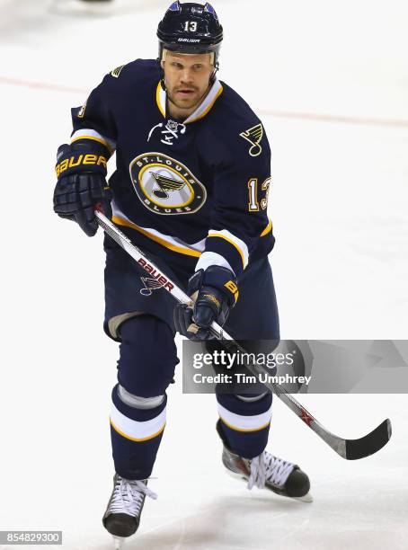 Olli Jokinen of the St. Louis Blues plays in the game against the Winnipeg Jets at the Scottrade Center on April 7, 2015 in St. Louis, Missouri.