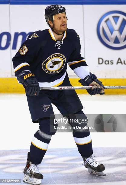 Olli Jokinen of the St. Louis Blues plays in the game against the Winnipeg Jets at the Scottrade Center on April 7, 2015 in St. Louis, Missouri.