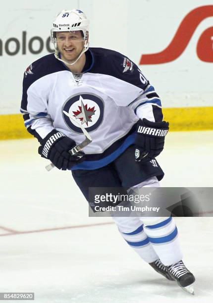 Jiri Tlusty of the Winnipeg Jets warms up before the game against the St. Louis Blues at the Scottrade Center on April 7, 2015 in St. Louis, Missouri.