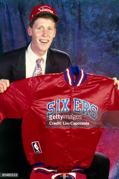 Shawn Bradley, selected number two overall by the Philadelphia 76ers poses for a portrait during the 1993 NBA Draft on June 30, 1993 at the Palace of...