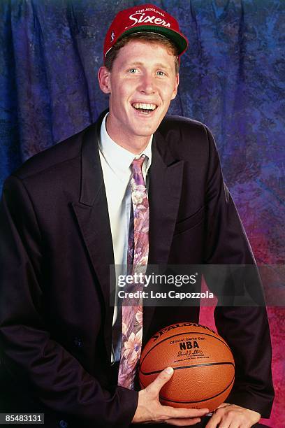 Shawn Bradley, selected number two overall by the Philadelphia 76ers poses for a portrait during the 1993 NBA Draft on June 30, 1993 at the Palace of...