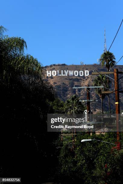 Thomas Fisk Goff's famous 'Hollywood Sign' atop Mount Lee in the Hollywood Hills area of the Santa Monica Mountains photographed from a random street...