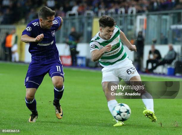 Alexandru Chipciu of Anderlecht in action against Kieran Tierney of Celtic Glasgow during the UEFA Champions League Group B match between Anderlecht...