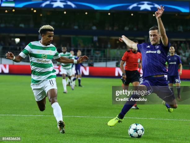 Uros Spajic of Anderlecht in action against Scott Sinclair of Celtic Glasgow during the UEFA Champions League Group B match between Anderlecht and...