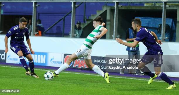 Alexandru Chipciu of Anderlecht in action against Kieran Tierney of Celtic Glasgow during the UEFA Champions League Group B match between Anderlecht...