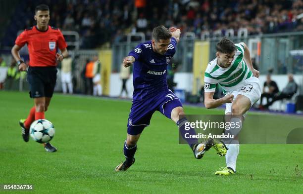 Uros Spajic of Anderlecht in action against Scott Sinclair of Celtic Glasgow during the UEFA Champions League Group B match between Anderlecht and...