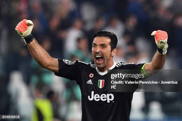 Gianluigi Buffon of Juventus celebrates the second goal of his team during the UEFA Champions League group D match between Juventus and Olympiakos...