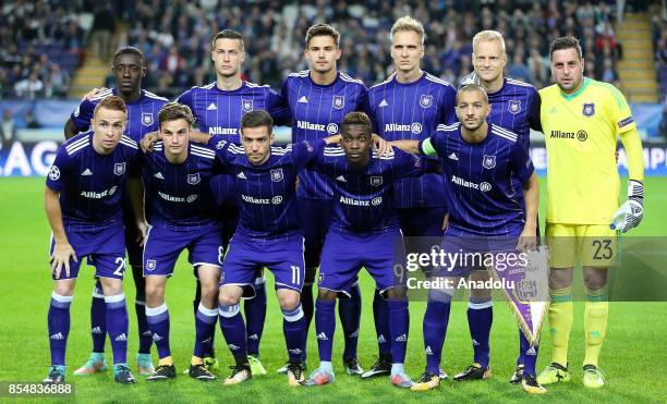 Footballers of Anderlecht pose for a photo before the UEFA Champions League Group B match between Anderlecht and Celtic Glasgow at the Constant Van...