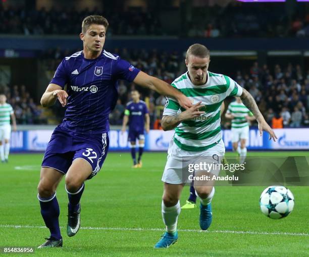 Leander Dendoncker of Anderlecht in action against Leigh Griffiths of Celtic Glasgow during the UEFA Champions League Group B match between...