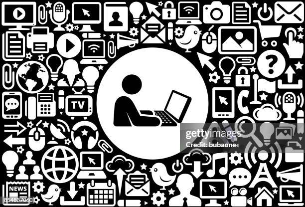 stick figure and laptop icon black and white internet technology background - hybrid cloud stock illustrations