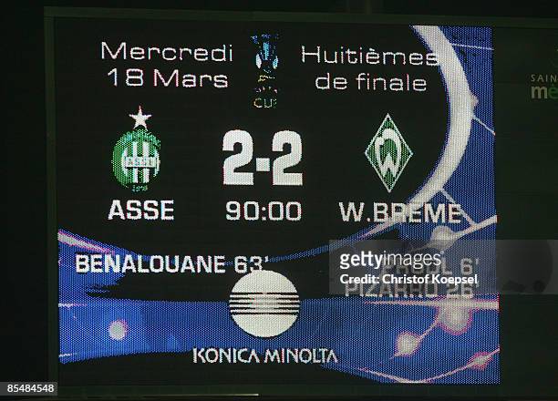 The video screen shows the final result of the UEFA Cup Round of 16 second leg match between AS St Etienne and SV Werder Bremen at the...
