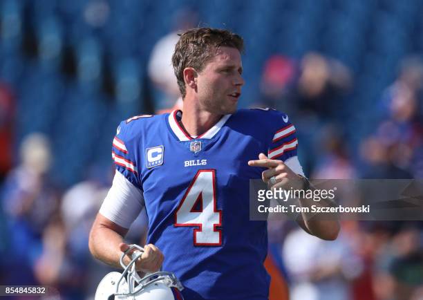 Stephen Hauschka of the Buffalo Bills warms up before the start of NFL game action against the Denver Broncos at New Era Field on September 24, 2017...