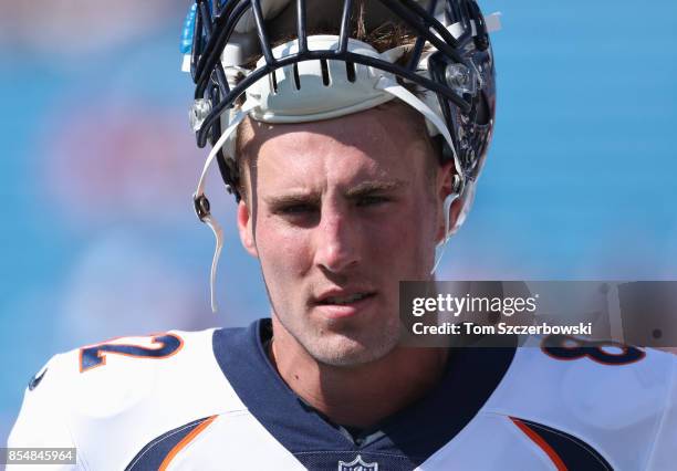 Jeff Heuerman of the Denver Broncos warms up before the start of NFL game action against the Buffalo Bills at New Era Field on September 24, 2017 in...