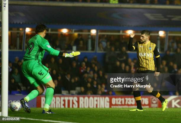 Gary Hooper of Sheffield Wednesday scores a goal which is ruled offside during the Sky Bet Championship match between Birmingham City and Sheffield...