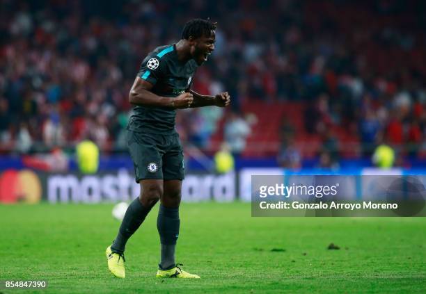 Michy Batshuayi of Chelsea celebrates during the UEFA Champions League group C match between Atletico Madrid and Chelsea FC at Estadio Wanda...