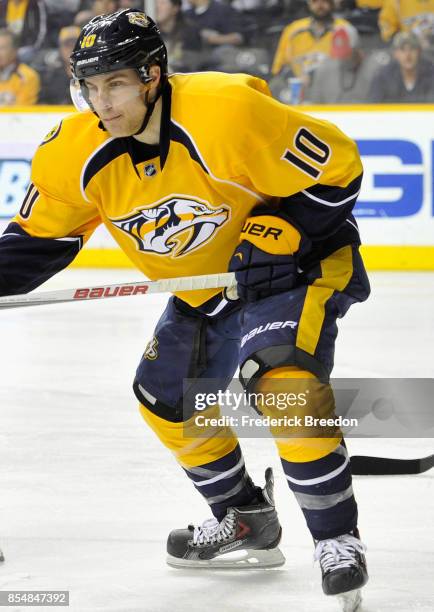 Mike Santorelli of the Nashville Predators plays in the game against the Minnesota Wild at Bridgestone Arena on April 9, 2015 in Nashville, Tennessee.