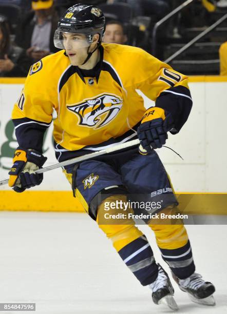 Mike Santorelli of the Nashville Predators plays in the game against the Minnesota Wild at Bridgestone Arena on April 9, 2015 in Nashville, Tennessee.