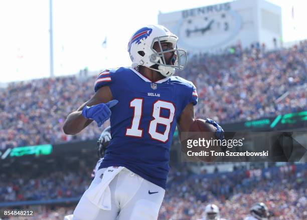 Andre Holmes of the Buffalo Bills celebrates his touchdown during NFL game action against the Denver Broncos at New Era Field on September 24, 2017...