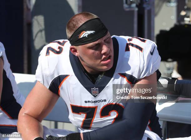 Garett Bolles of the Denver Broncos looks on from the bench during NFL game action against the Buffalo Bills at New Era Field on September 24, 2017...