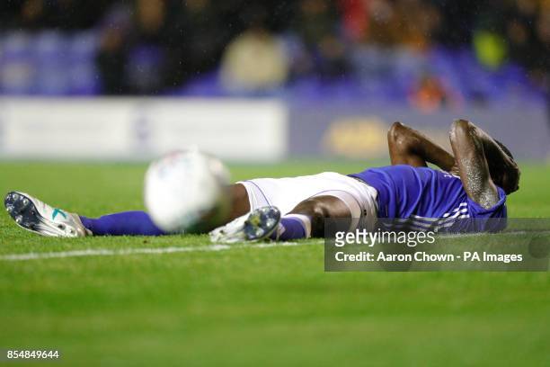 Birmingham City's Cheikh Ndoye lays on the floor during the Sky Bet Championship match at St Andrew's, Birmingham.