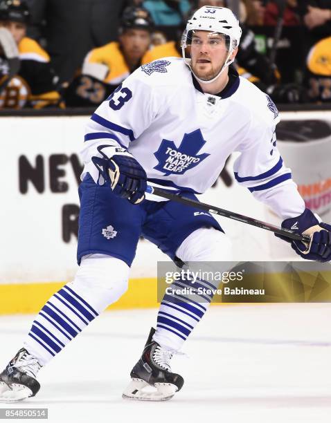 Tim Erixon of the Toronto Maple Leafs plays in the game against the Boston Bruins at TD Garden on April 4, 2015 in Boston, Massachusetts.
