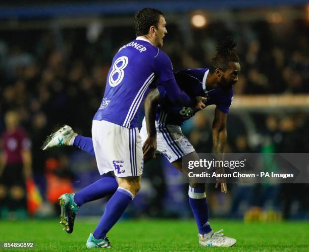 Birmingham City's Jacques Maghoma celebrates teammate Isaac Vassell's goal during the Sky Bet Championship match at St Andrew's, Birmingham.