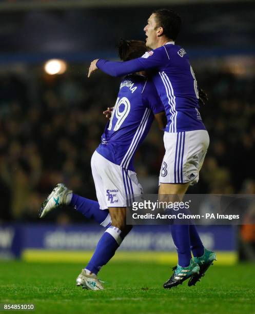 Birmingham City's Jacques Maghoma celebrates teammate Isaac Vassell's goal during the Sky Bet Championship match at St Andrew's, Birmingham.