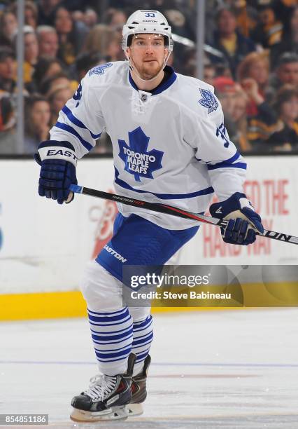 Tim Erixon of the Toronto Maple Leafs plays in the game against the Boston Bruins at TD Garden on April 4, 2015 in Boston, Massachusetts.