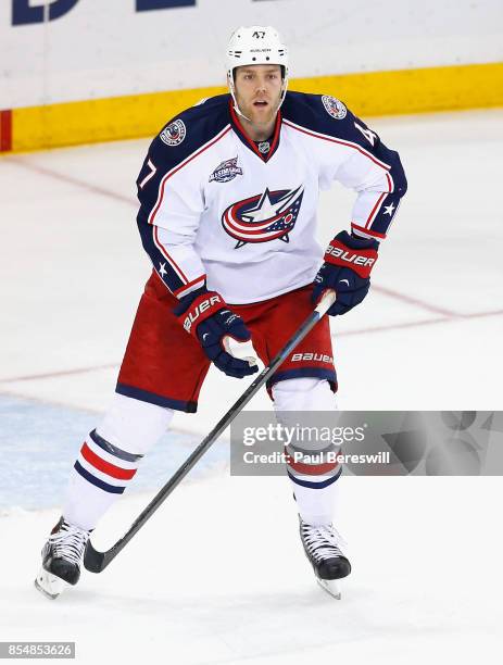 Dalton Prout of the Columbus Blue Jackets plays in the game against the New York Rangers at Madison Square Garden on April 6, 2015 in New York, New...