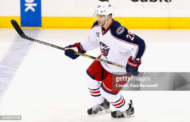 Cody Goloubef of the Columbus Blue Jackets warms up before the game against the New York Rangers at Madison Square Garden on April 6, 2015 in New...