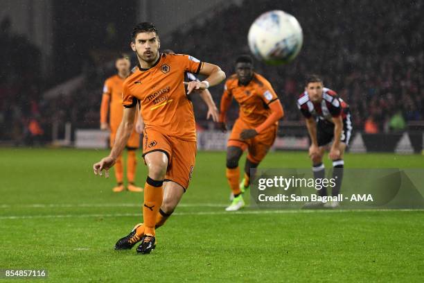 Ruben Neves of Wolverhampton Wanderers takes penalty kick which missed during the Sky Bet Championship match between Sheffield United and...